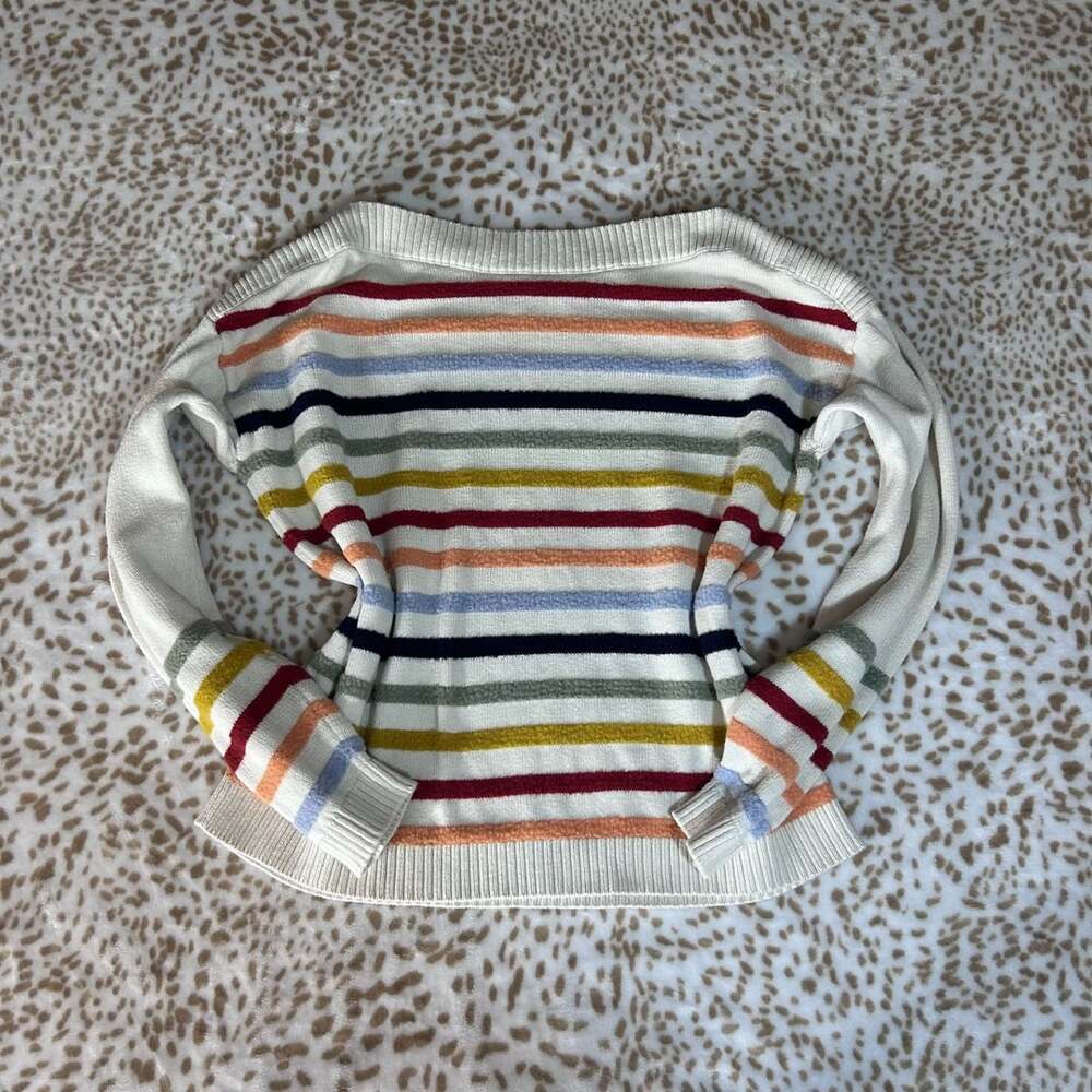 LOFT Women's Size S Multi-Color Striped Fuzzy Boat Neck Long Sleeve Sweater